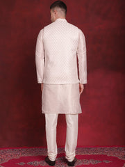 White Woven Design Nehru Jacket With Kurta Pyjama Set ( JOKPWC 636W 4091White )