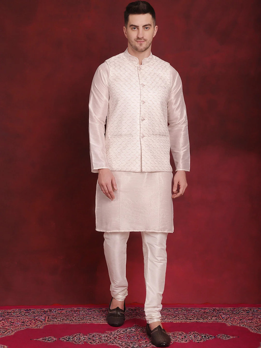 White Woven Nehru Jacket with Kurta Pajama Set | Mens Ethnic