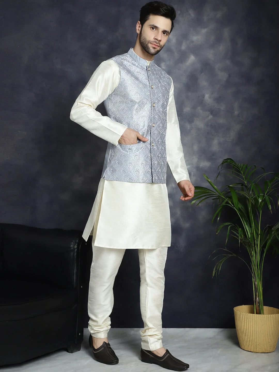 Grey Kurta Pajama Set - Sequin Nehru Jacket | Ethnic Menswear