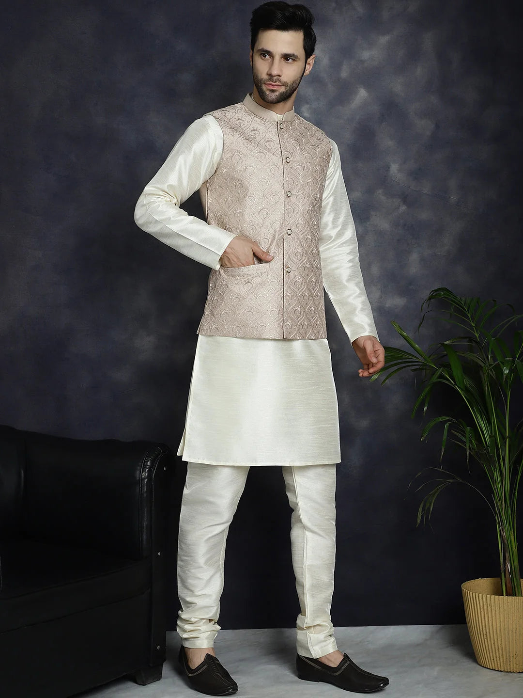 Peach Kurta Pajama Set - Embroidered Nehru Jacket | Menswear