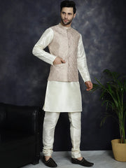 Men's Sequins and Embroidred Nehru Jacket With Solid Kurta Pyjama ( JOKPWC 636W 4096Peach )