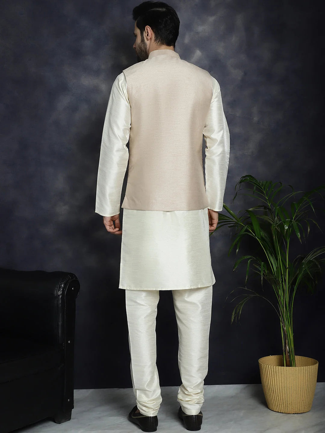 Peach Kurta Pajama Set - Embroidered Nehru Jacket | Menswear