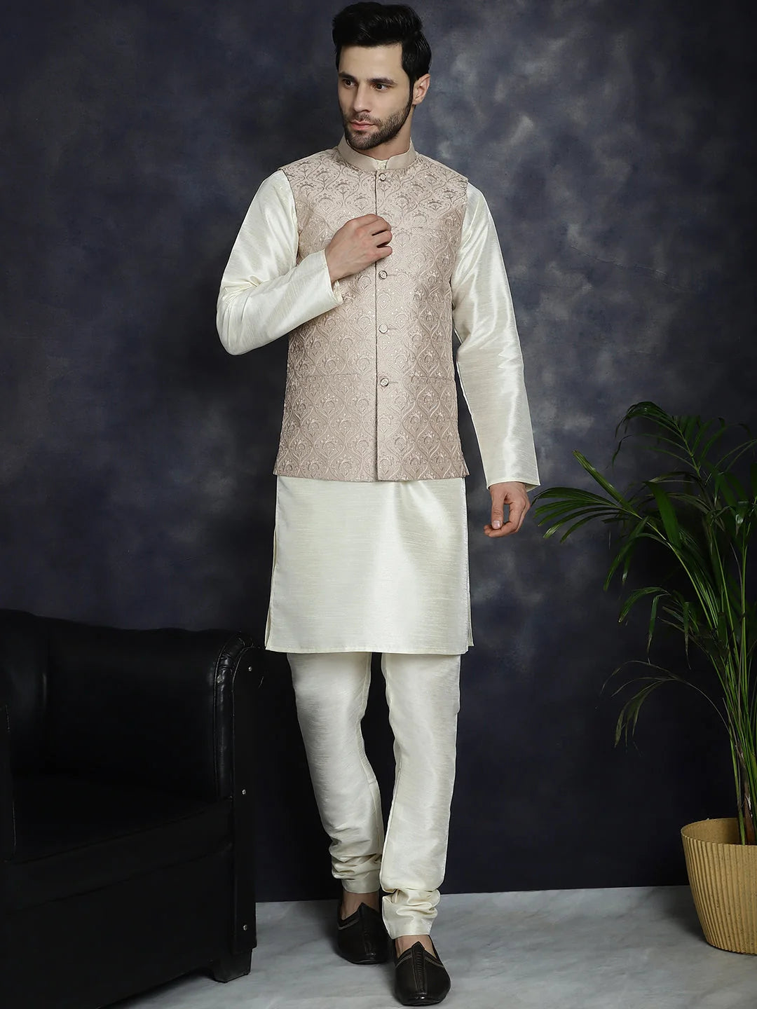 Peach Kurta Pajama Set - Embroidered Nehru Jacket | Menswear