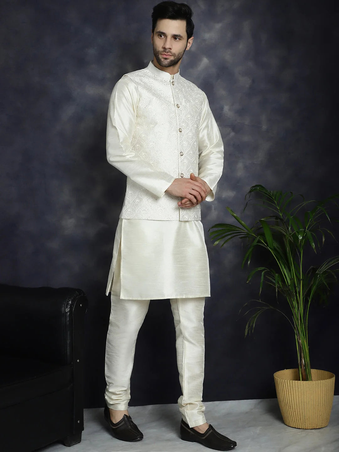 White Kurta Pajama Set - Sequined Nehru Jacket | Mens Fashion