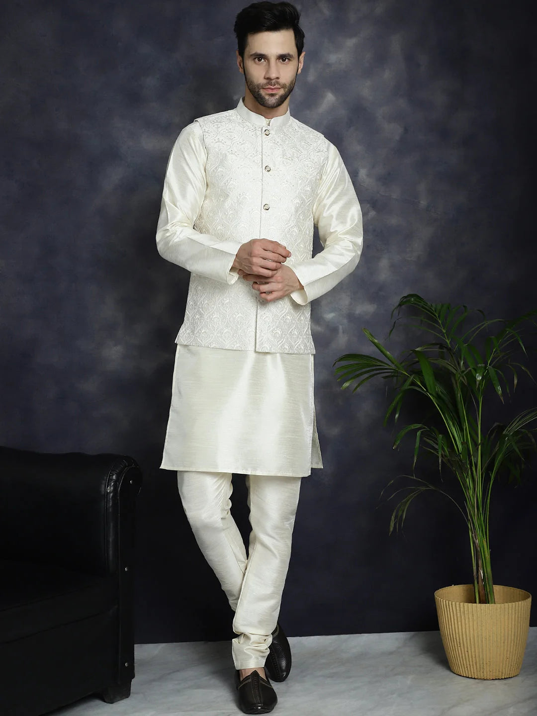 White Kurta Pajama Set - Sequined Nehru Jacket | Mens Fashion
