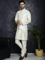 Men's Sequins and Embroidred Nehru Jacket With Solid Kurta Pyjama ( JOKPWC 636W 4096White )