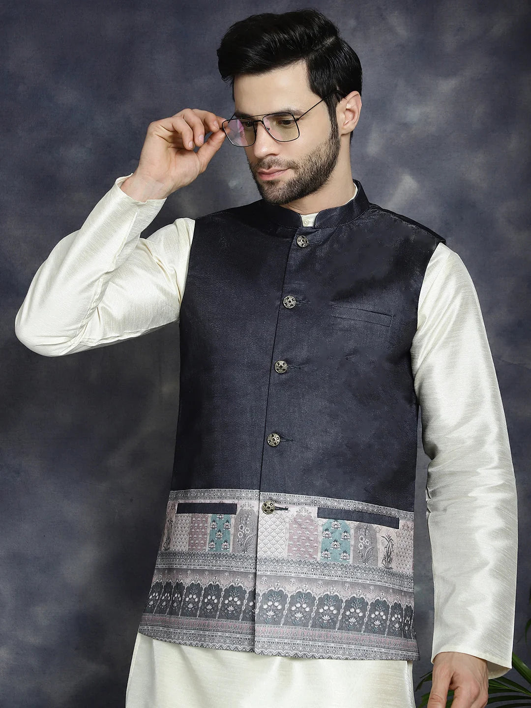 Mens Kurta Pajama Set - Printed Nehru Jacket | Ethnic Wear