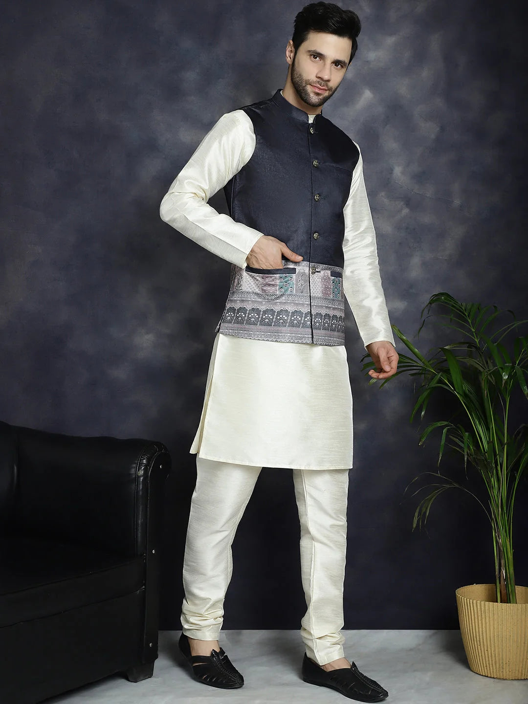 Mens Kurta Pajama Set - Printed Nehru Jacket | Ethnic Wear