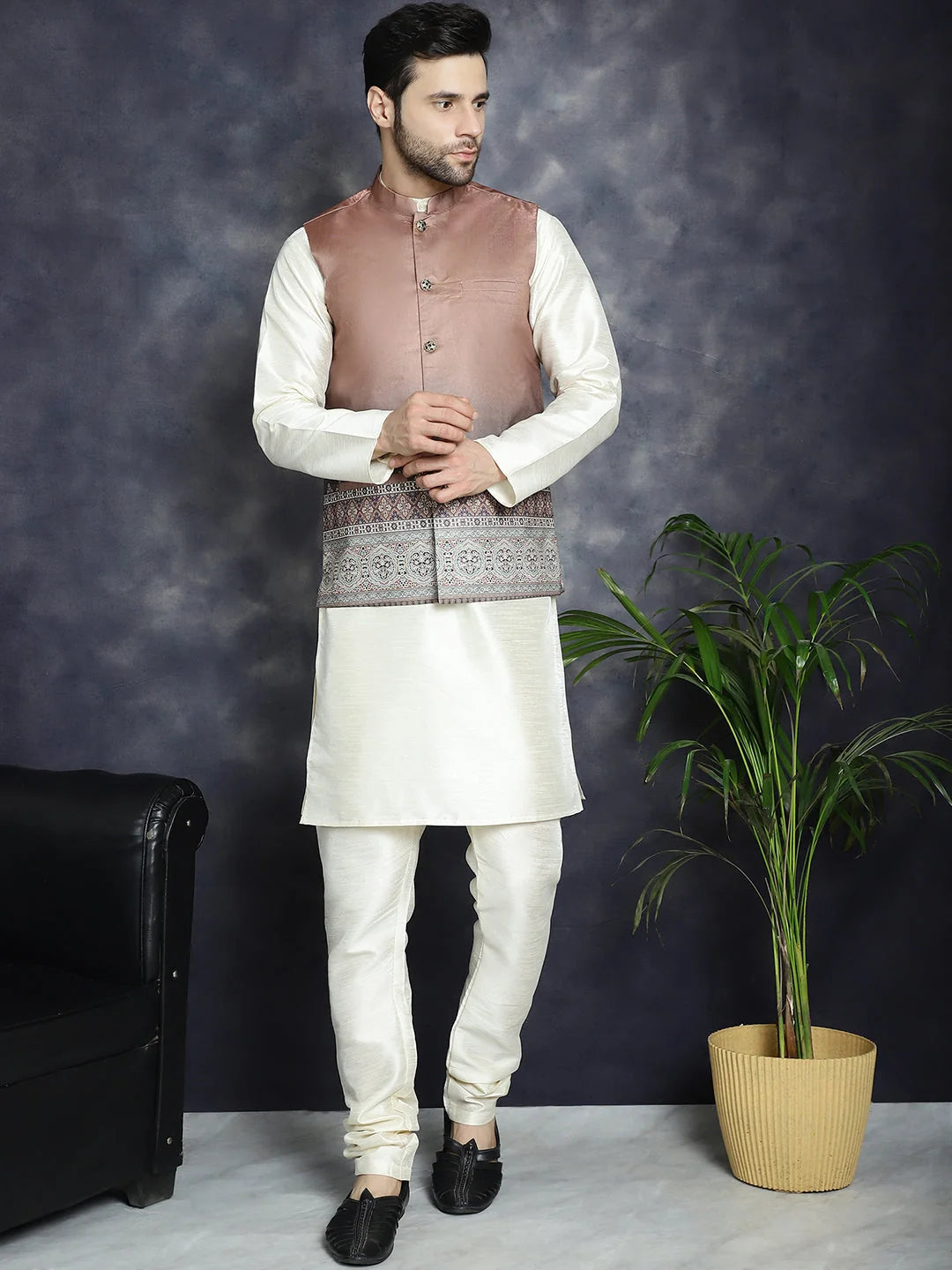 Brown Printed Nehru Jacket with Men's Kurta Pajama Set