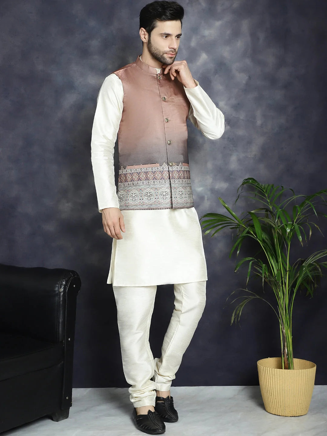 Brown Printed Nehru Jacket with Men's Kurta Pajama Set