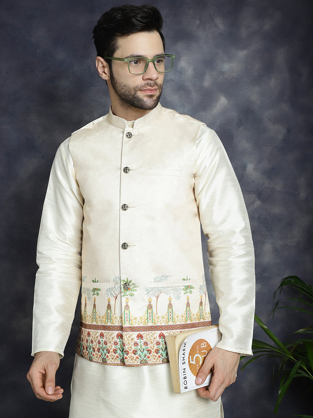 Men's Printed Nehru Jacket With Solid Kurta Pyjama ( JOKPWC 636W 4097Golden )