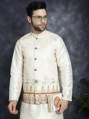 Men's Printed Nehru Jacket With Solid Kurta Pyjama ( JOKPWC 636W 4097Golden )