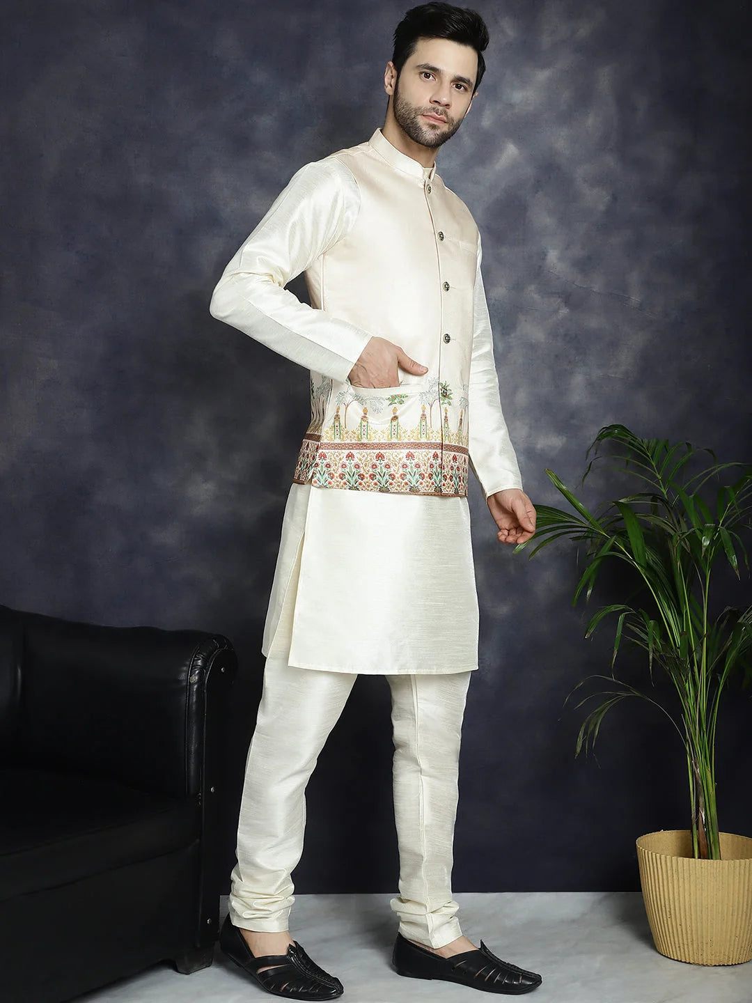 Men's Golden Nehru Jacket Kurta Pajama Set - Ethnic Style