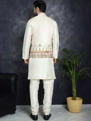 Men's Printed Nehru Jacket With Solid Kurta Pyjama ( JOKPWC 636W 4097Golden )