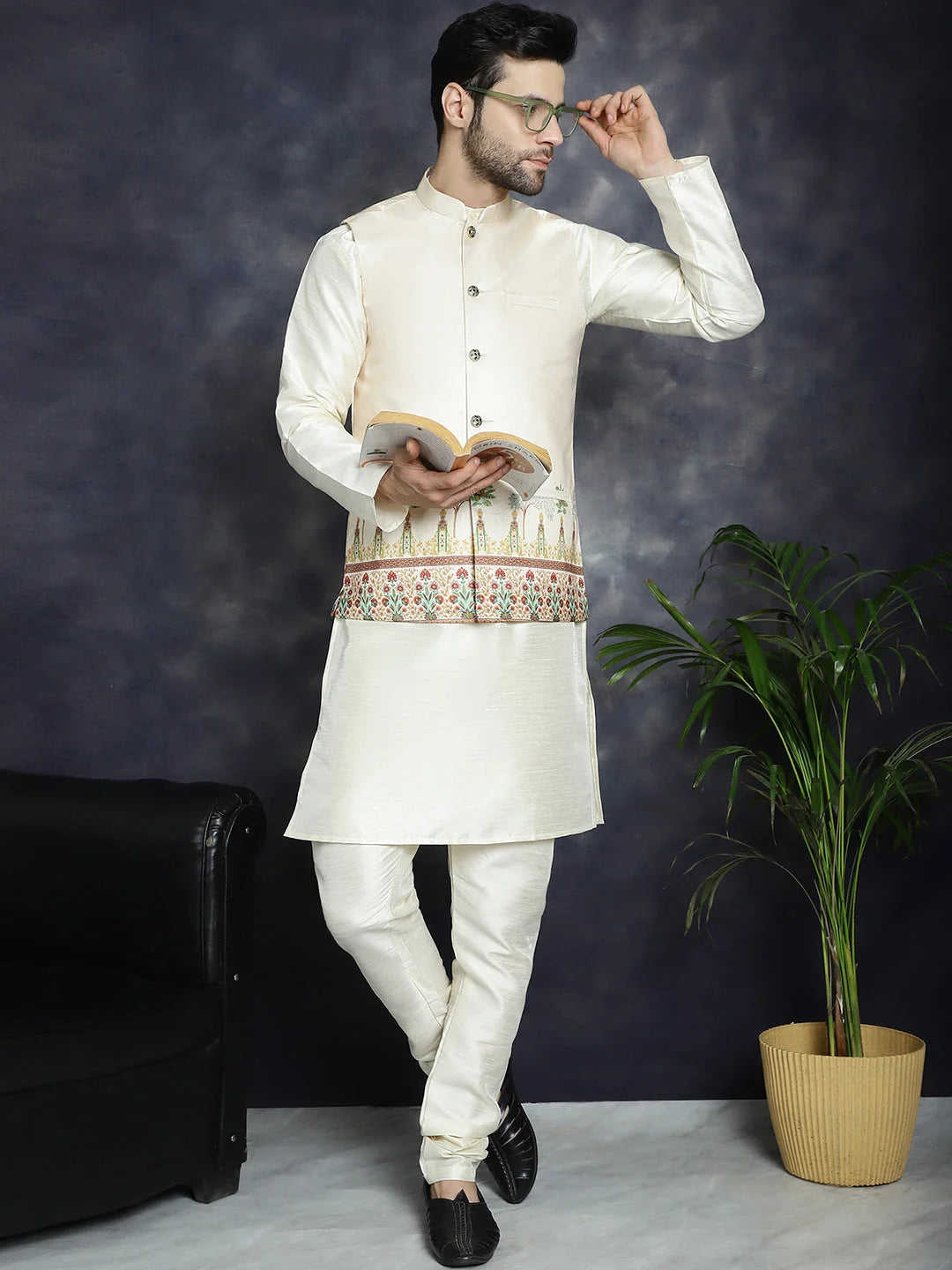 Men's Golden Nehru Jacket Kurta Pajama Set - Ethnic Style