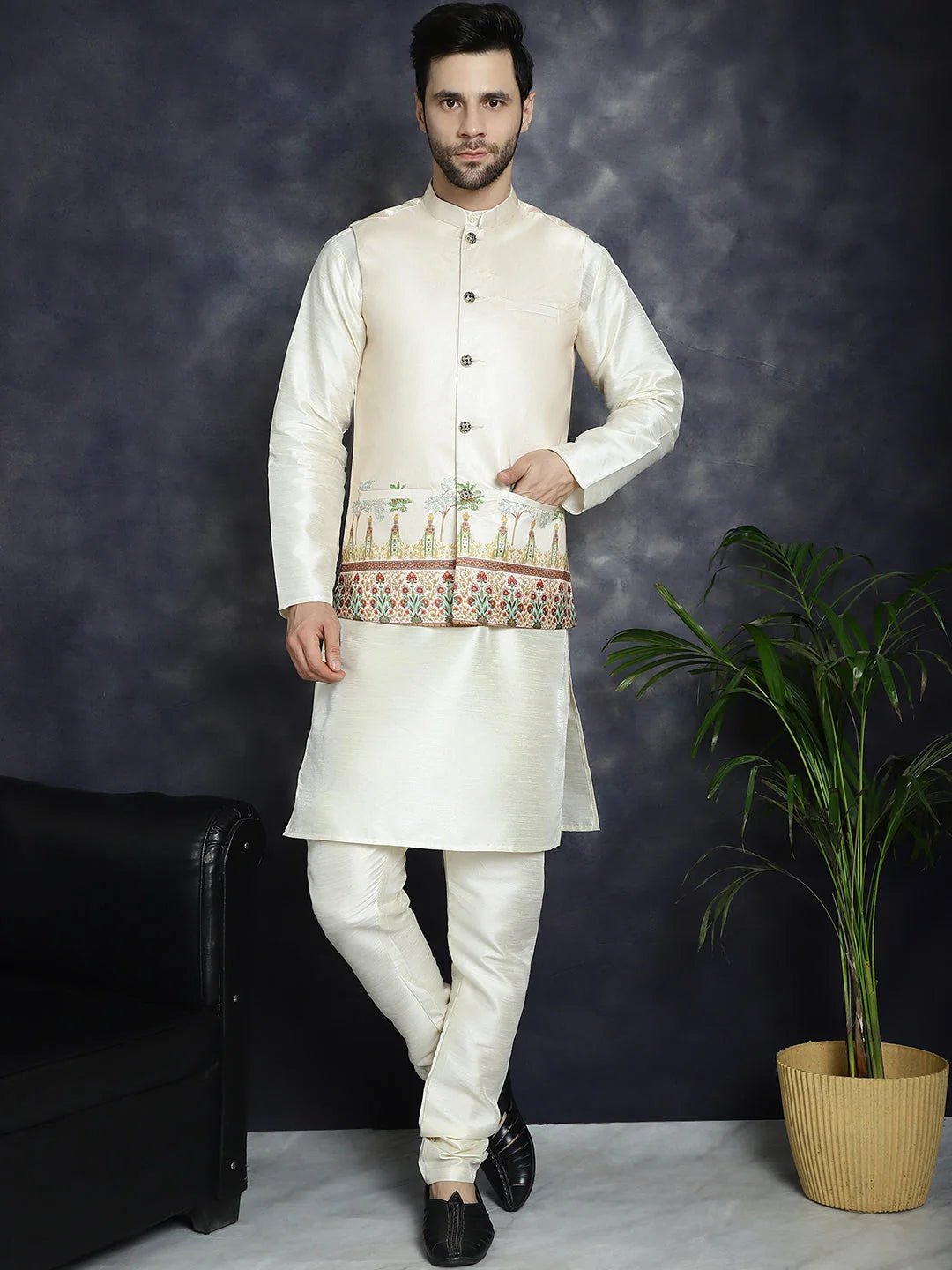 Men's Golden Nehru Jacket Kurta Pajama Set - Ethnic Style