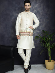 Men's Printed Nehru Jacket With Solid Kurta Pyjama ( JOKPWC 636W 4097Golden )