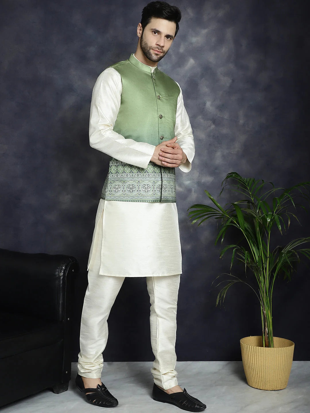 Green Printed Nehru Jacket with Men's Kurta Pajama Cotton Set