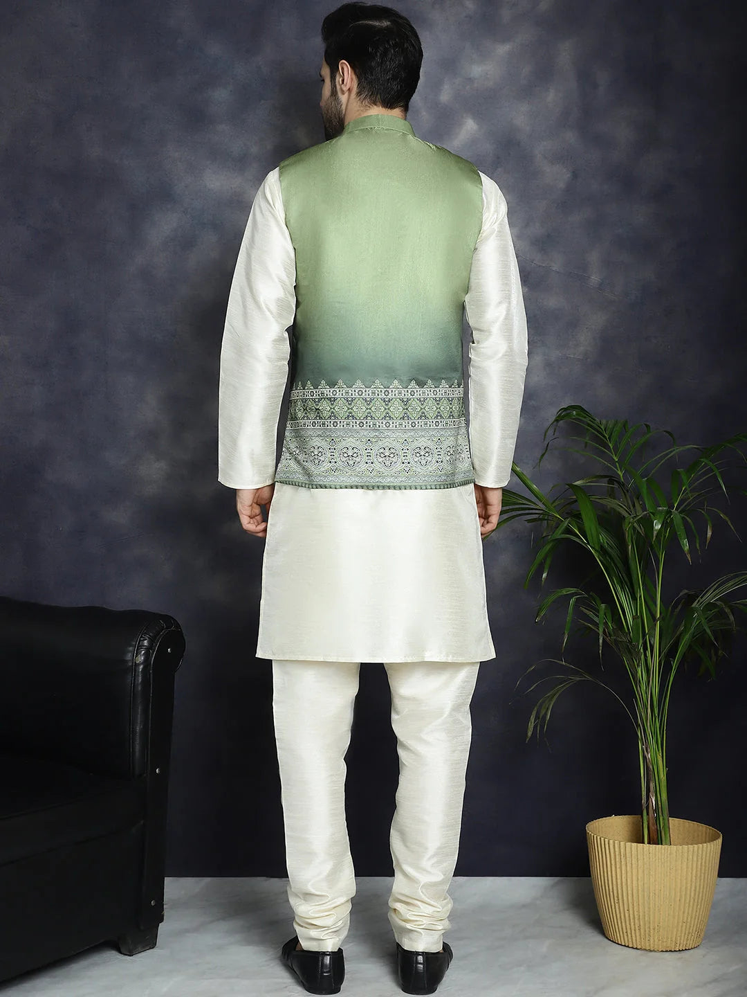 Green Printed Nehru Jacket with Men's Kurta Pajama Cotton Set