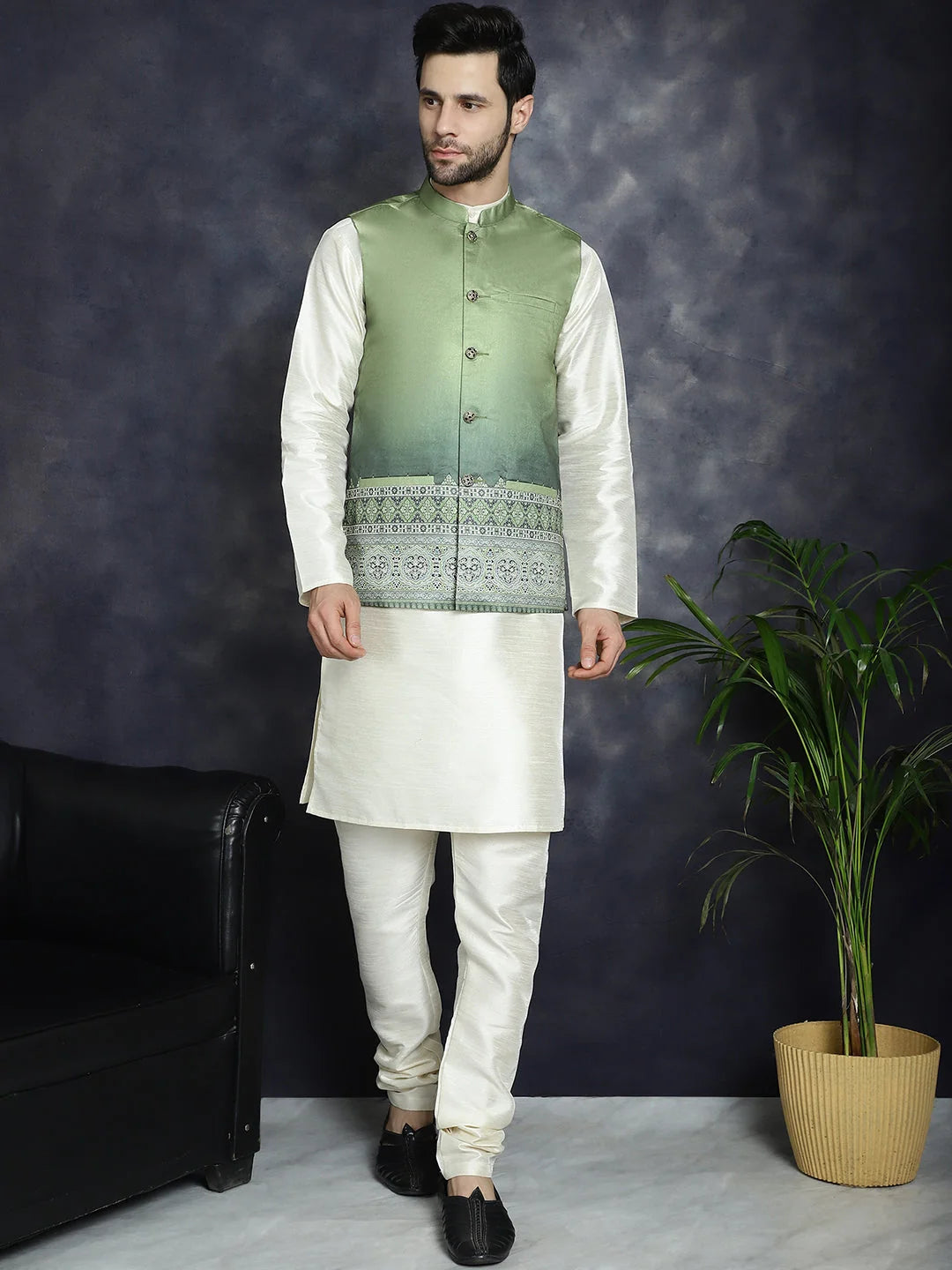 Green Printed Nehru Jacket with Men's Kurta Pajama Cotton Set