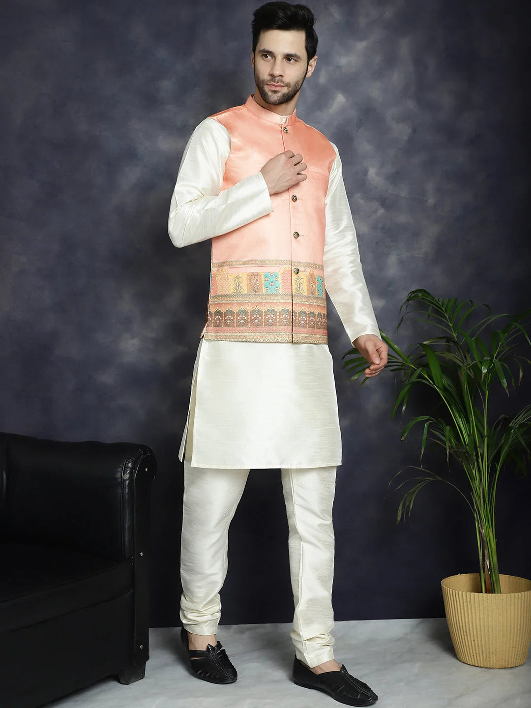 Stylish Men's Nehru Jacket Kurta Pajama Set - Peach Color