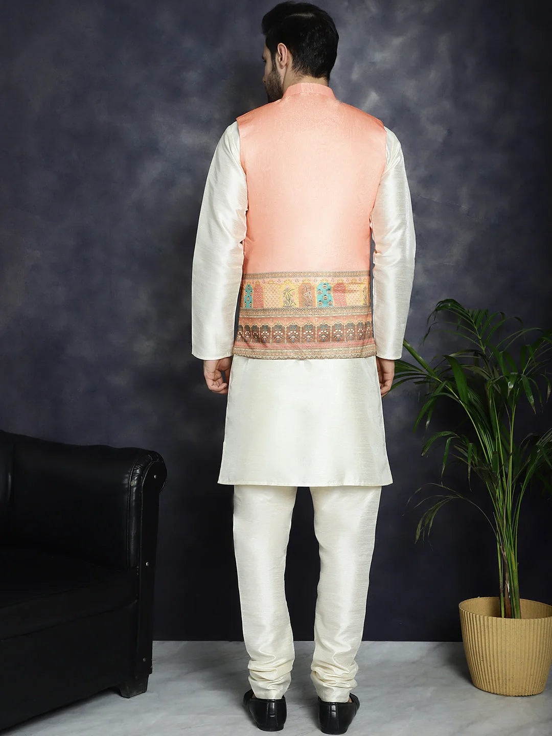 Stylish Men's Nehru Jacket Kurta Pajama Set - Peach Color