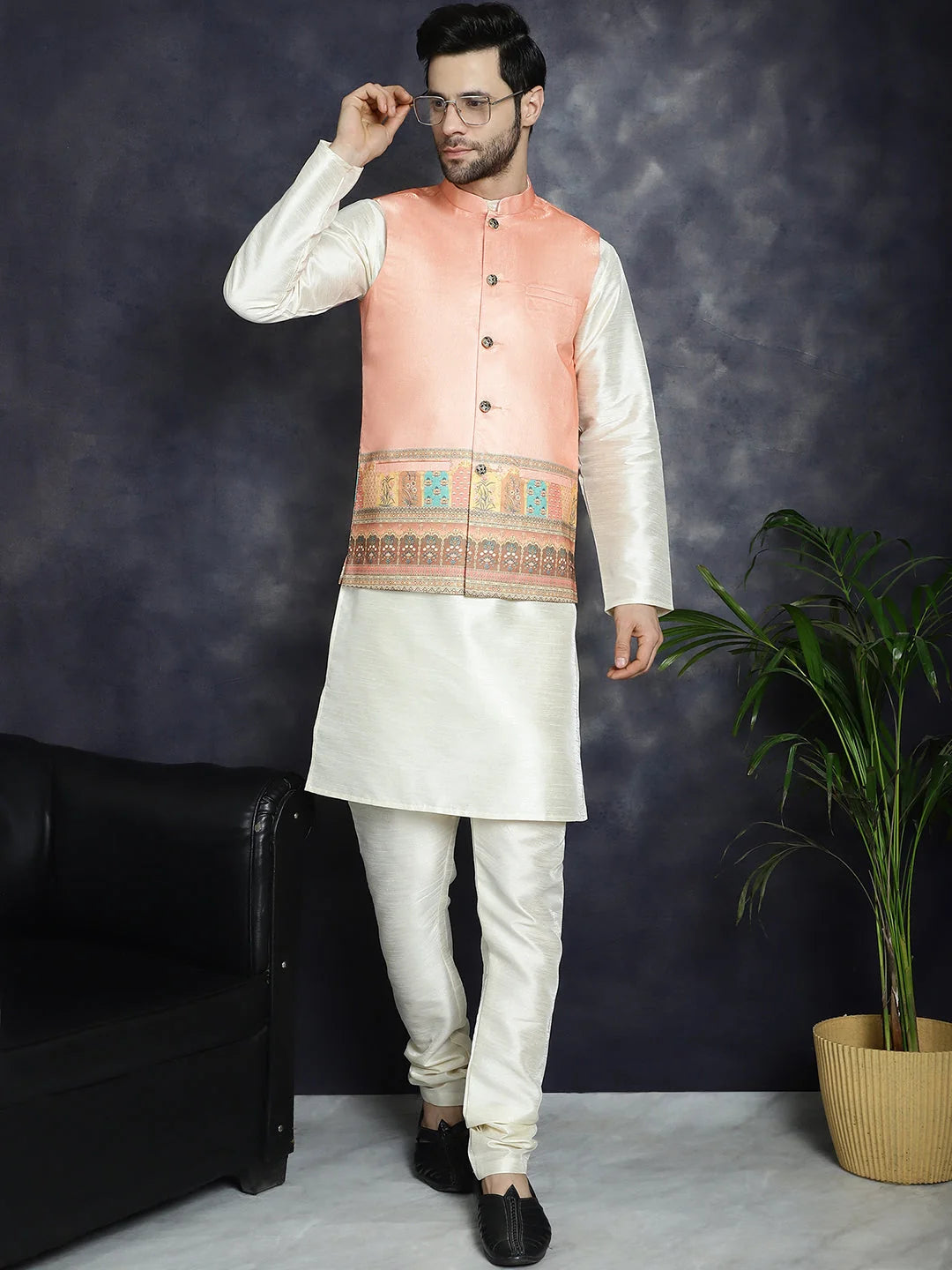 Stylish Men's Nehru Jacket Kurta Pajama Set - Peach Color