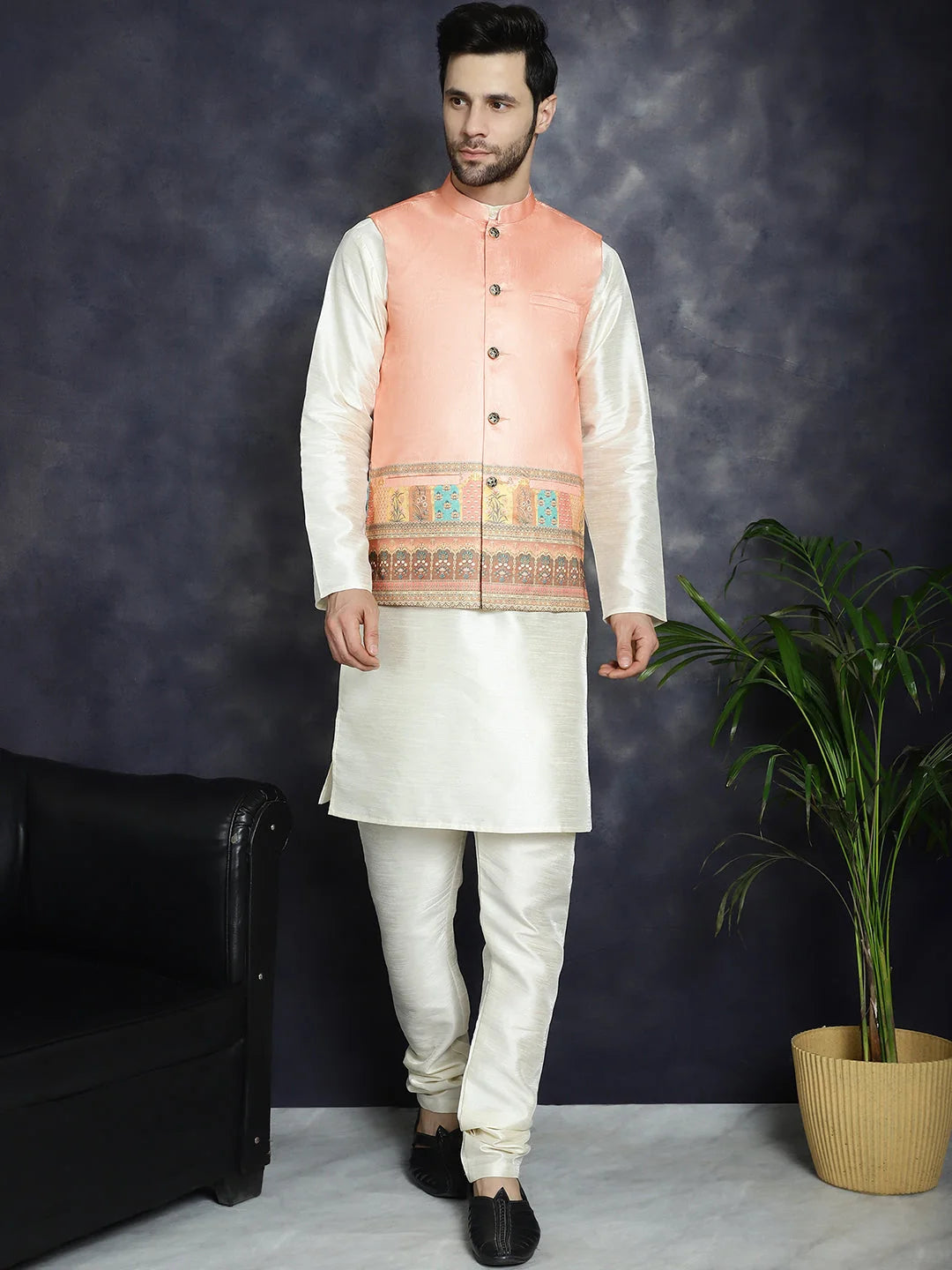 Stylish Men's Nehru Jacket Kurta Pajama Set - Peach Color