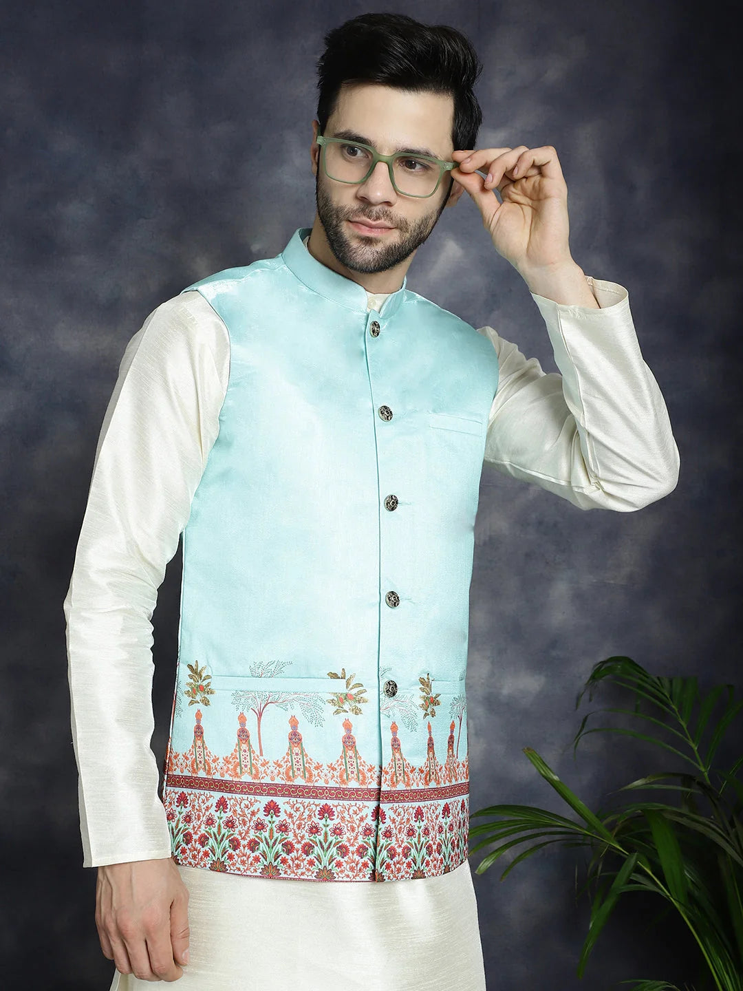 Men's Printed Nehru Jacket with Kurta Pajama Set - Sky Blue