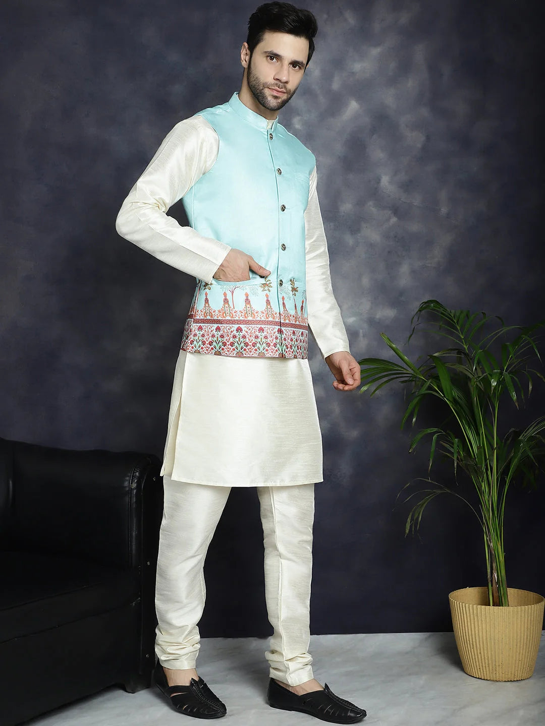 Men's Printed Nehru Jacket with Kurta Pajama Set - Sky Blue