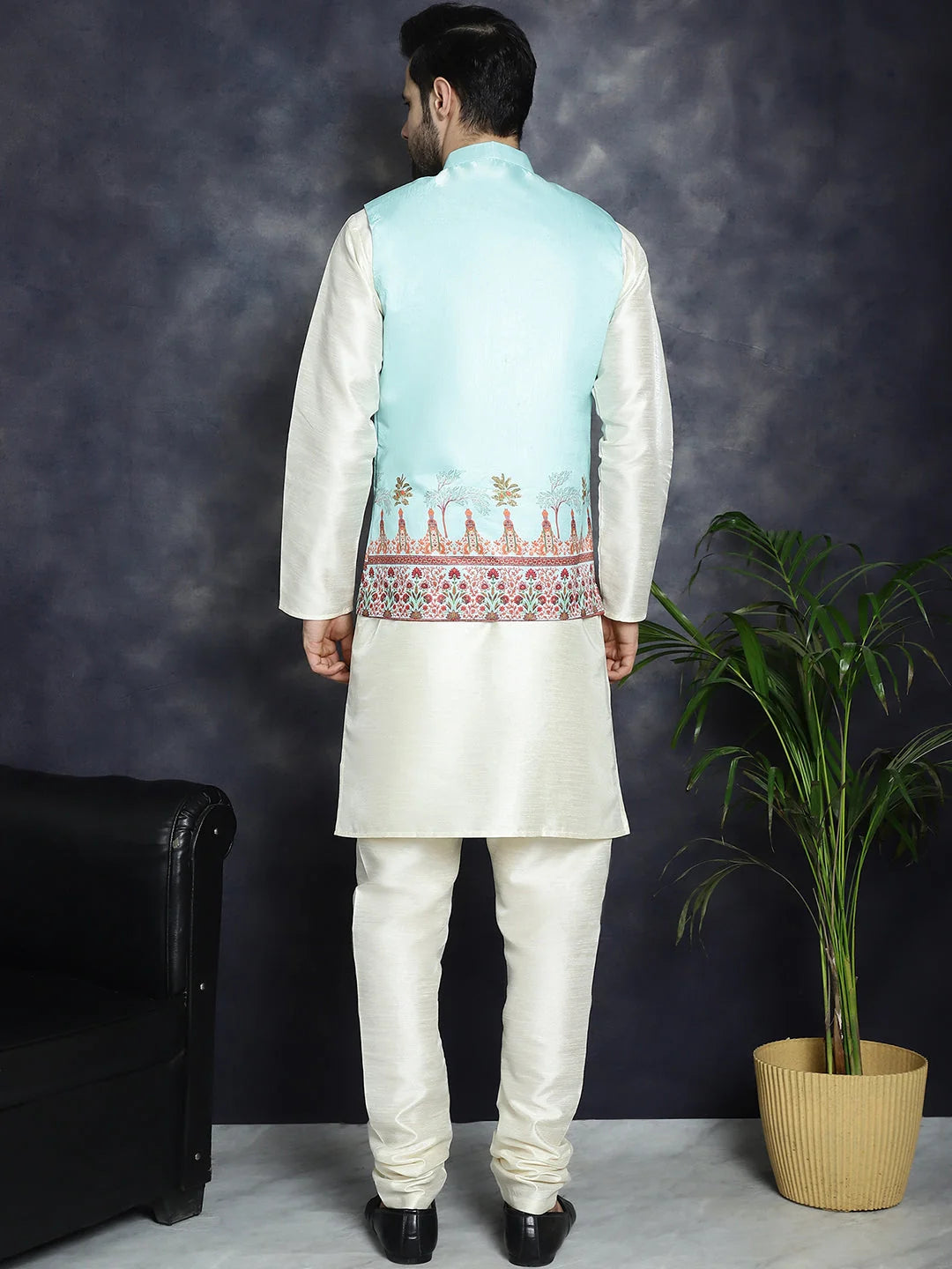 Men's Printed Nehru Jacket with Kurta Pajama Set - Sky Blue
