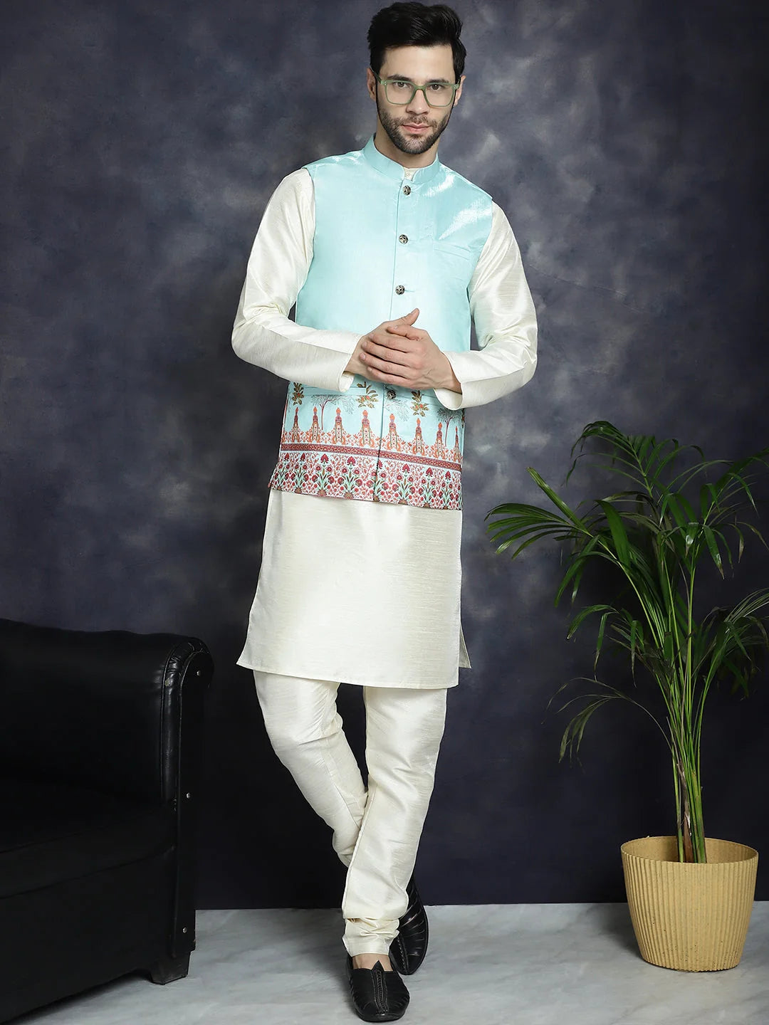 Men's Printed Nehru Jacket with Kurta Pajama Set - Sky Blue