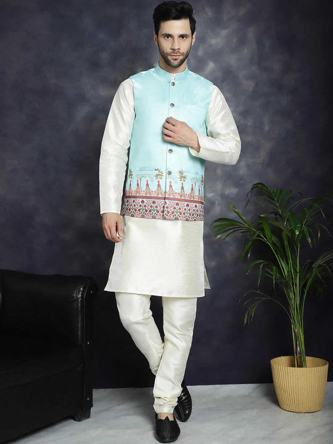 Men's Printed Nehru Jacket with Kurta Pajama Set - Sky Blue