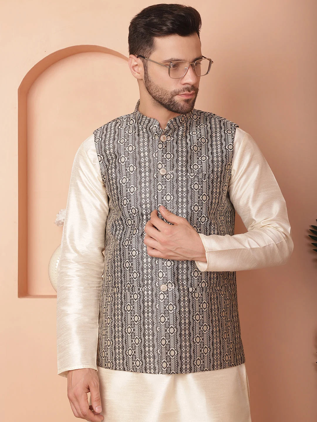 Black Nehru Jacket Kurta Pajama Set - Woven Design Menswear