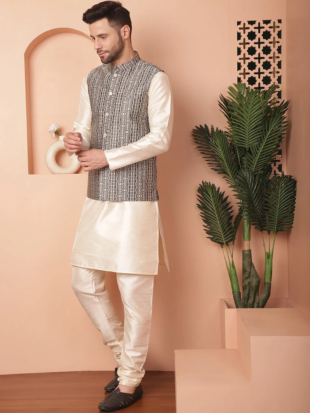 Black Nehru Jacket Kurta Pajama Set - Woven Design Menswear