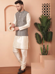 Men's Design Nehru Jacket With Solid Kurta Pyjama-JOKPWC-636W