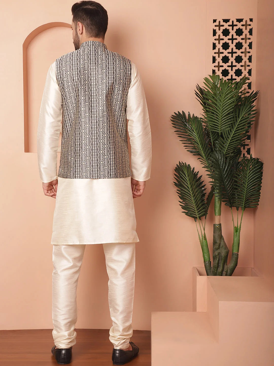 Black Nehru Jacket Kurta Pajama Set - Woven Design Menswear