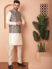 Men's Design Nehru Jacket With Solid Kurta Pyjama-JOKPWC-636W