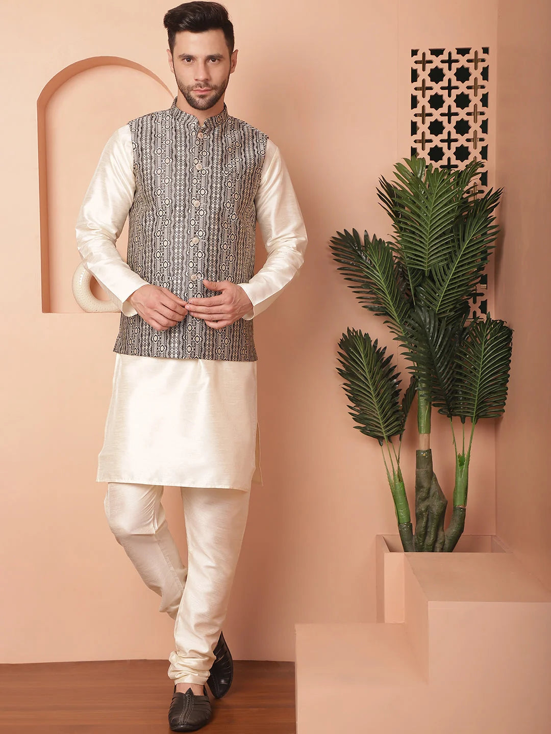 Black Nehru Jacket Kurta Pajama Set - Woven Design Menswear