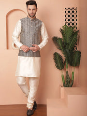 Men's Design Nehru Jacket With Solid Kurta Pyjama-JOKPWC-636W