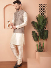 Men's Woven Design Nehru Jacket With Solid Kurta Pyjama-JOKPWC-636W