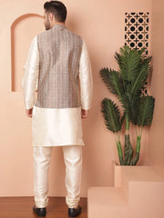 Men's Woven Design Nehru Jacket With Solid Kurta Pyjama-JOKPWC-636W