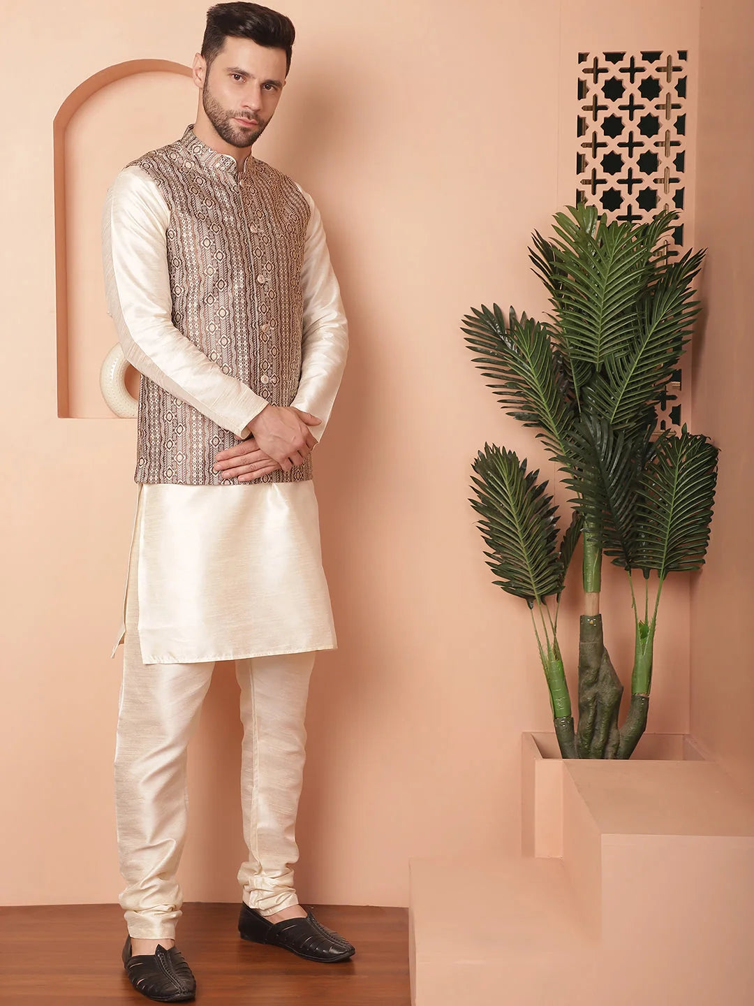 Brown Woven Nehru Jacket with Kurta Pajama - Mens Pathani Set
