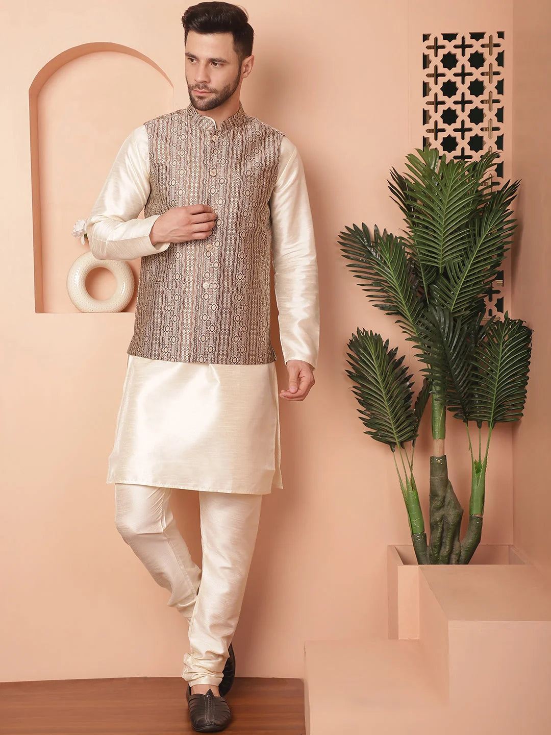 Brown Woven Nehru Jacket with Kurta Pajama - Mens Pathani Set