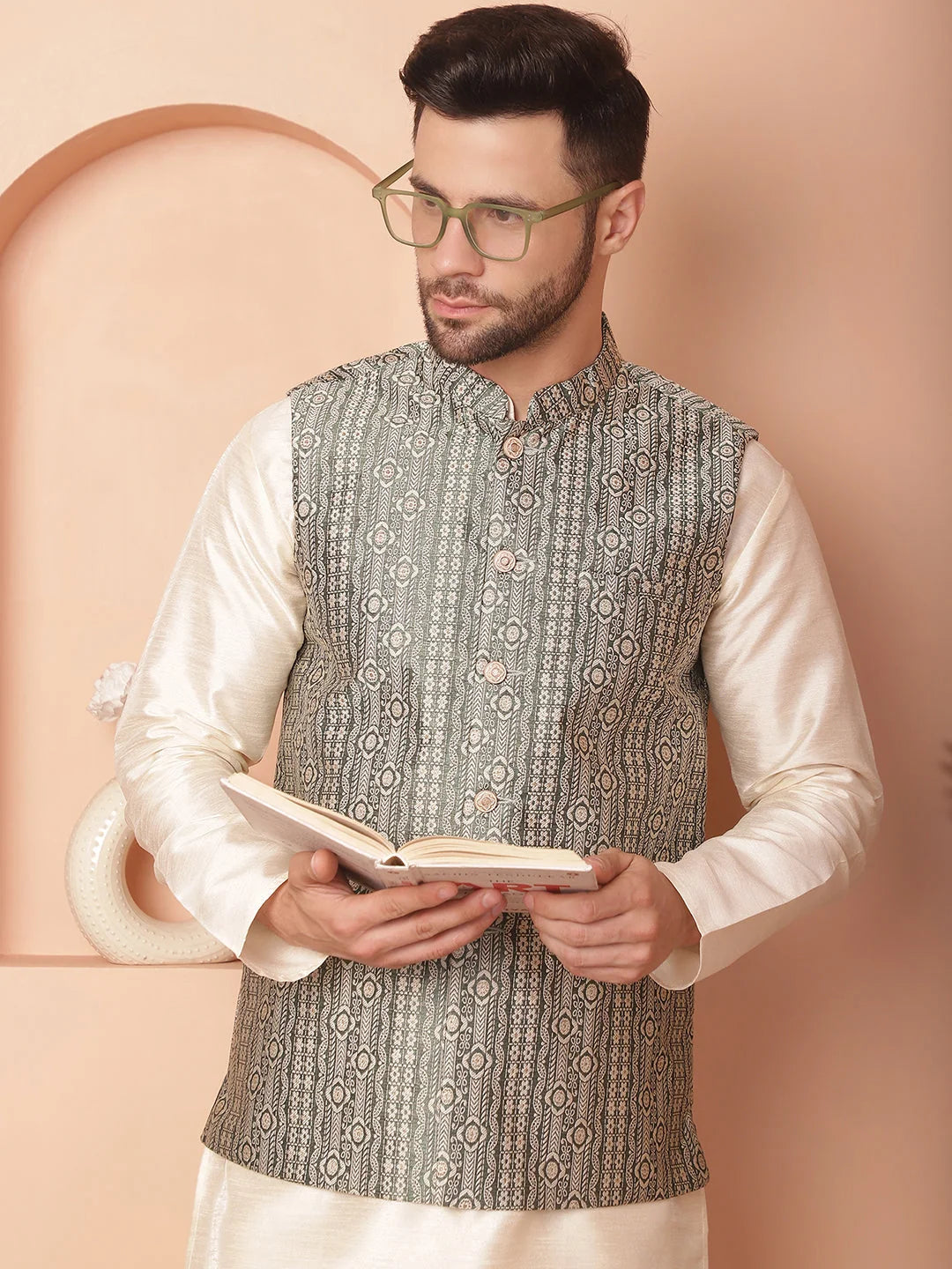 Green Woven Nehru Jacket with Kurta Pajama - Mens Ethnic Wear