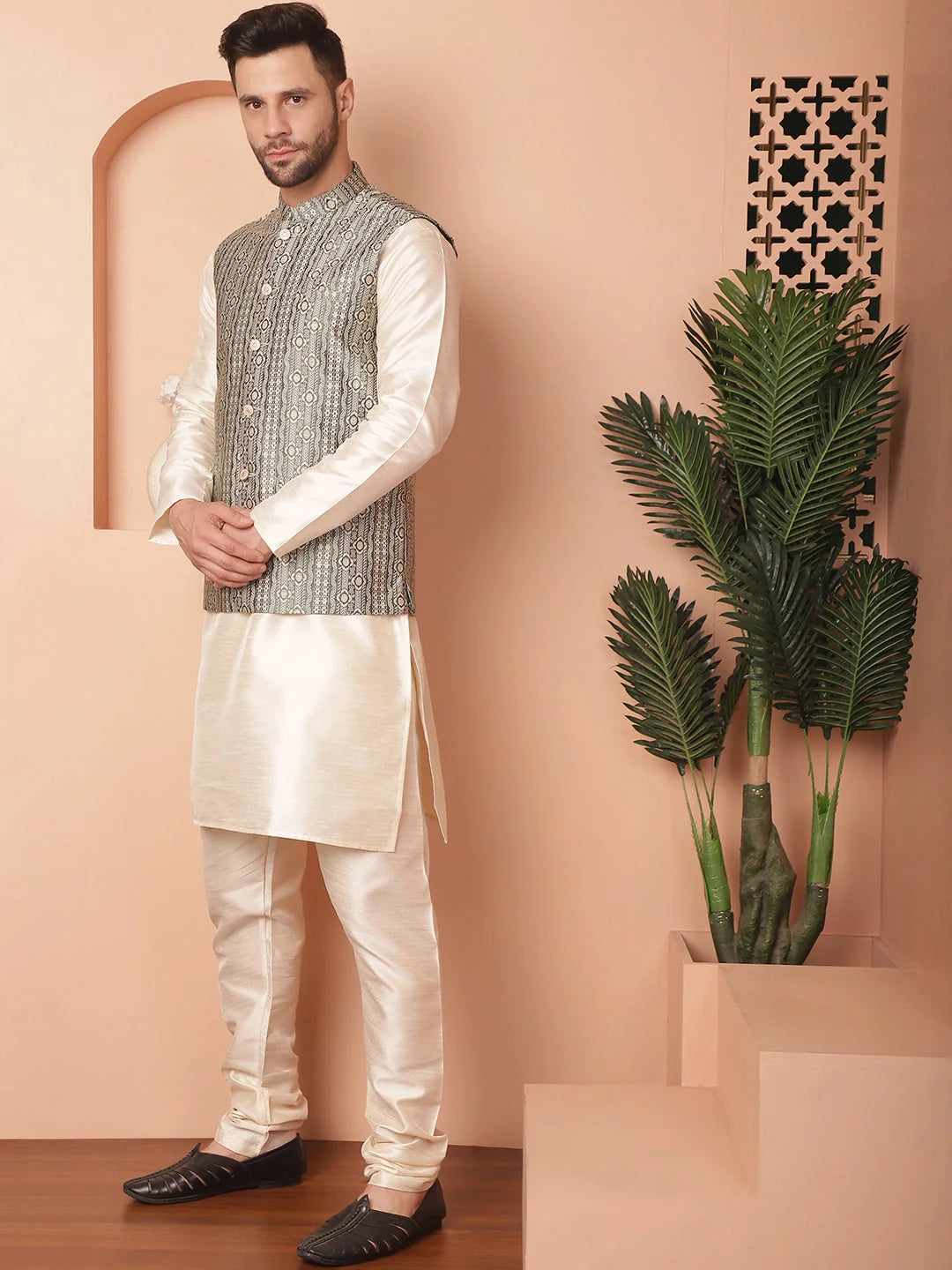 Green Woven Nehru Jacket with Kurta Pajama - Mens Ethnic Wear