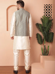 Men's Woven Design Nehru Jacket Solid Kurta Pyjama-JOKPWC-636W