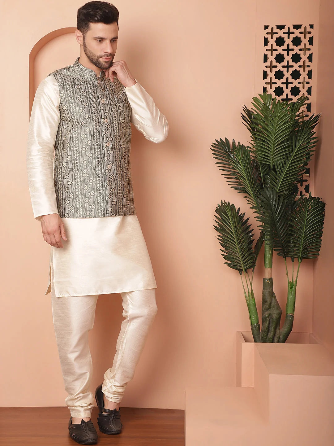 Green Woven Nehru Jacket with Kurta Pajama - Mens Ethnic Wear