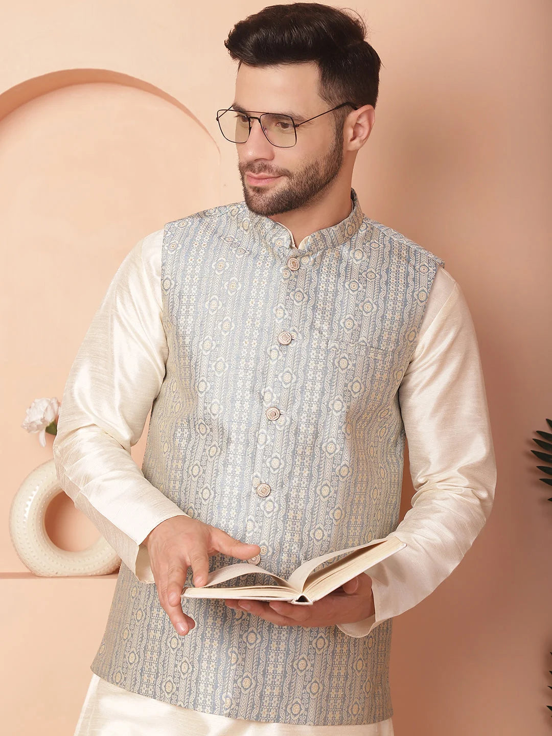 Men's Woven Design Nehru Jacket With Solid Kurta Pyjama-JOKPWC-636