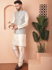 Men's Woven Design Nehru Jacket With Solid Kurta Pyjama-JOKPWC-636